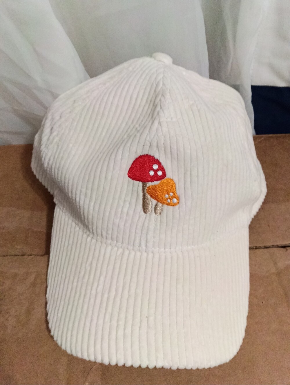 White Corduroy Baseball Cap with Embroidered Red & Orange Mushrooms